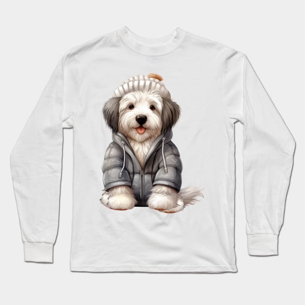 Winter Old English Sheepdog Long Sleeve T-Shirt by Chromatic Fusion Studio